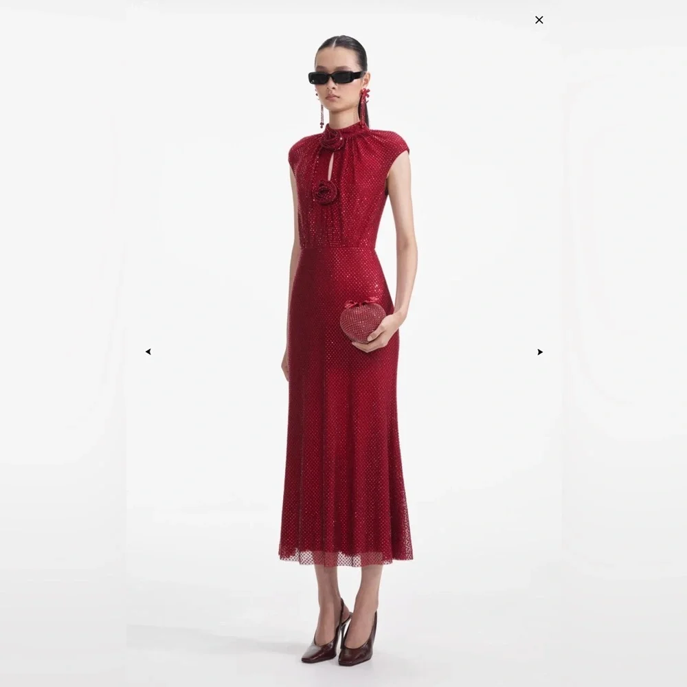 Self-Portrait Red Rhinestone Fishnet Midi Dress - Picture 4 of 10